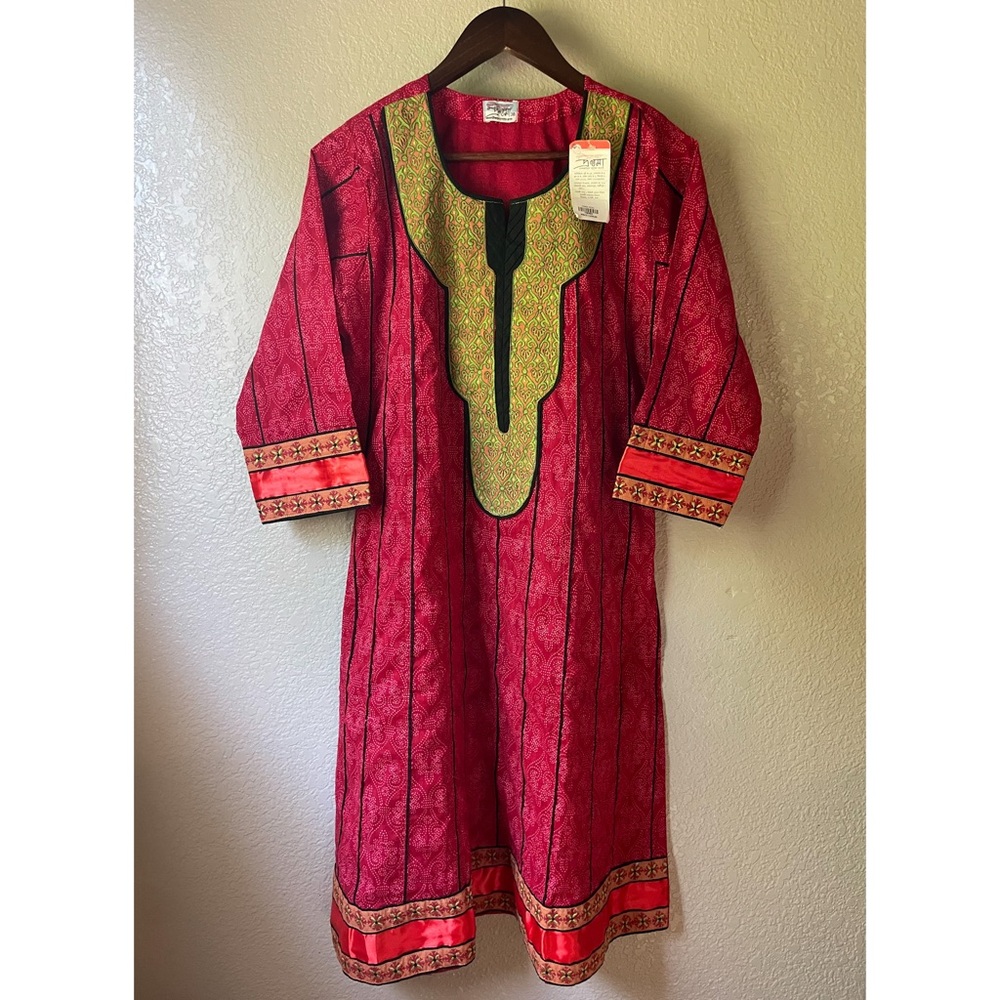 NWT Handmade Traditional Red Embroidered Indian Kurta Tunic Top Kaftan Size 38